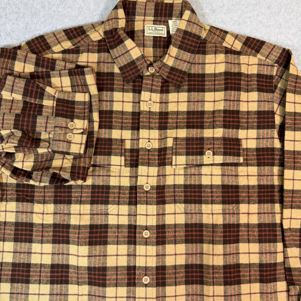 LL Bean Flannel Shirt Mens XL Regular Brown Tan Plaid Cotton Button Down 0MT06